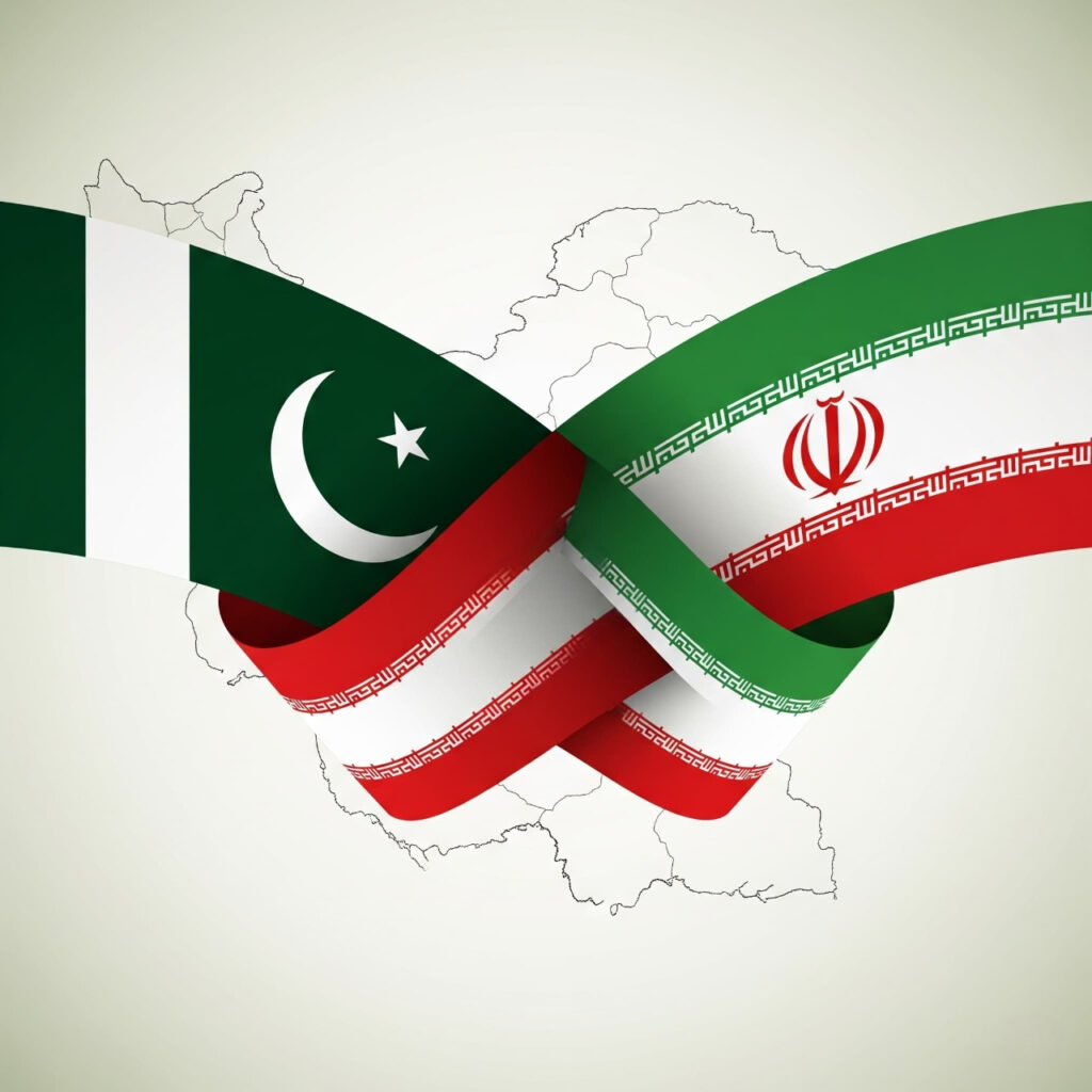 Pakistani and Iranian flags at a border crossing, with pilgrims and support facilities