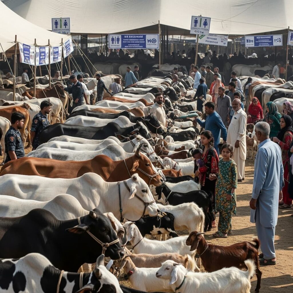 A crowded cattle market in Rawalpindi showing cows, goats, traders, and families under tents, highlighting the organized setup for Eid-ul-Azha 2025