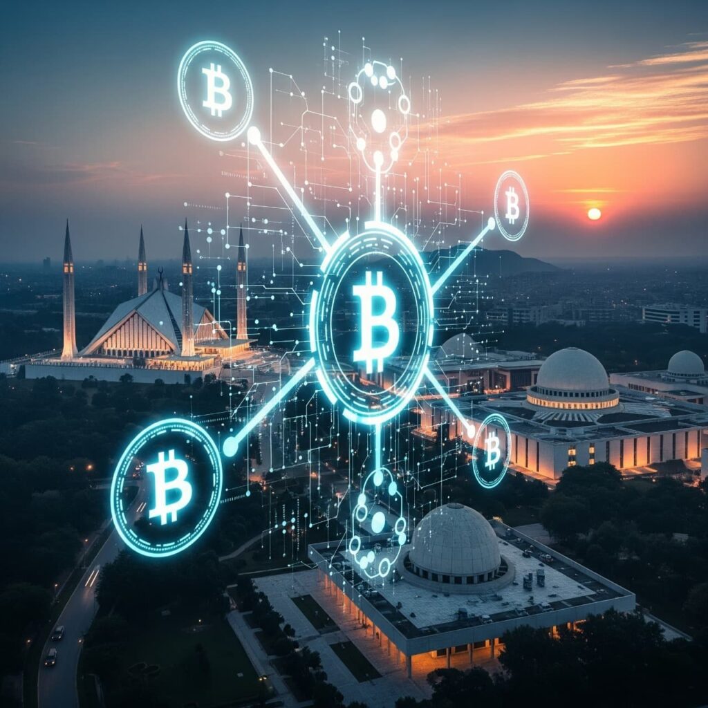 A digital illustration of Islamabad’s skyline at dusk, overlaid with Bitcoin and blockchain symbols, representing Pakistan’s evolving crypto regulations in 2025.