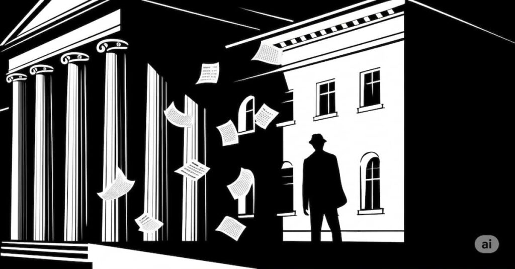 Illustration of a government building in disarray, representing unfinished reforms after Elon Musk’s departure from DOGE.