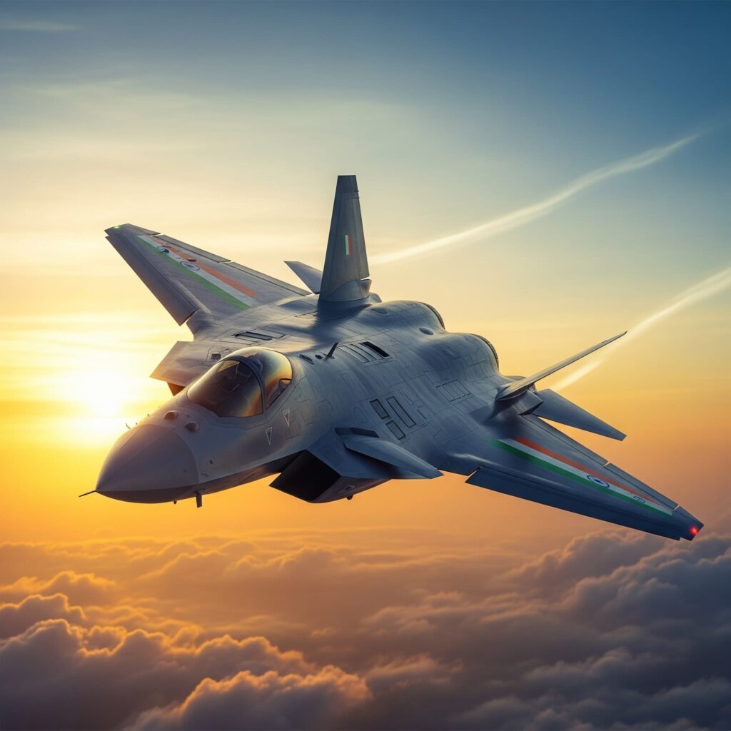 Illustration of a modern stealth fighter jet with Indian flag colors, representing India’s advanced defense technology and future air power.