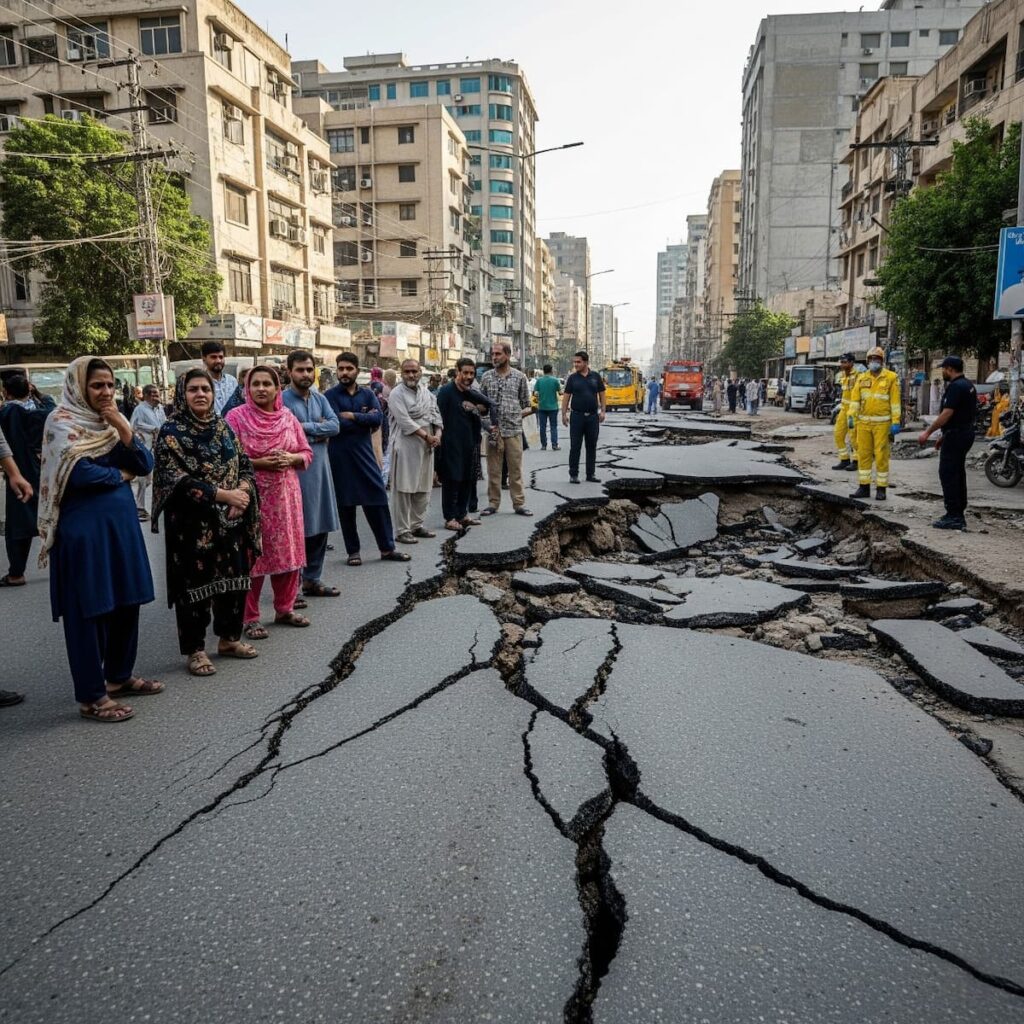 Karachi street with visible cracks in the road and residents gathered nearby, illustrating the effects of recent low-intensity earthquakes.