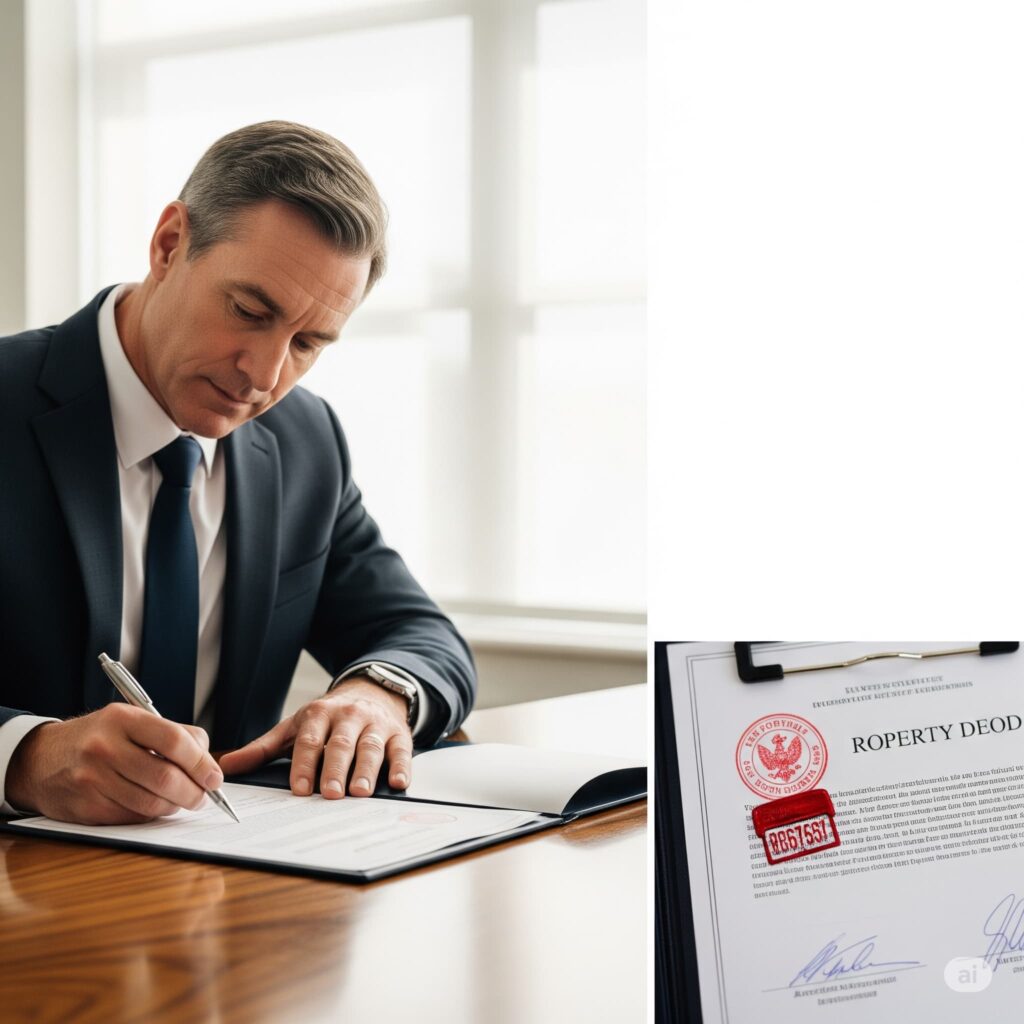 Signing property documents representing legal requirements for buying property in Pakistan