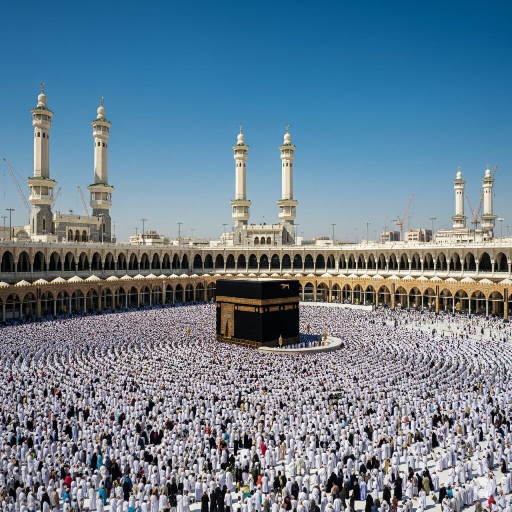 Wide-angle view of the Grand Mosque in Makkah crowded with pilgrims in white Ihram, focusing on the Kaaba and the spiritual atmosphere of Hajj 2025.