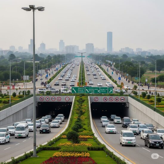 Newly opened Jinnah Square Murree Road Underpass in Islamabad, showing smooth traffic flow and modern landscaping.