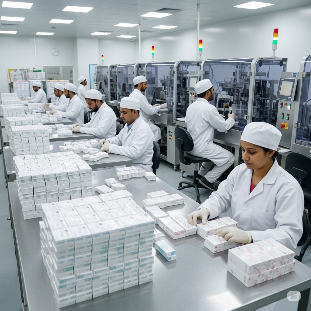 Pakistani pharmaceutical factory with staff overseeing automated production lines and boxes of locally produced medicines prepared for export