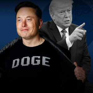 Illustration of a government building in disarray, representing unfinished reforms after Elon Musk’s departure from DOGE.