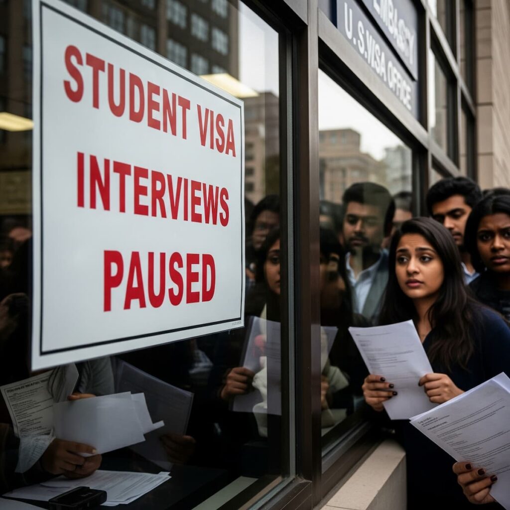 International students waiting outside a US embassy with a sign indicating student visa interviews are paused, reflecting global uncertainty.