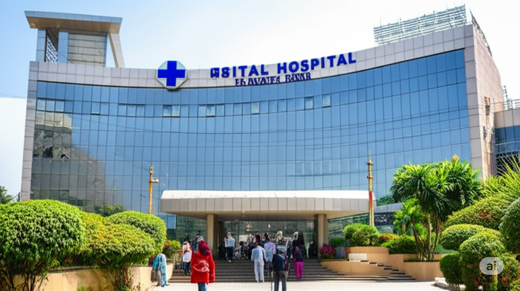 Modern hospital complex with people from various communities entering, representing Pakistan’s new hospitals plan for improved healthcare in 2025-26.