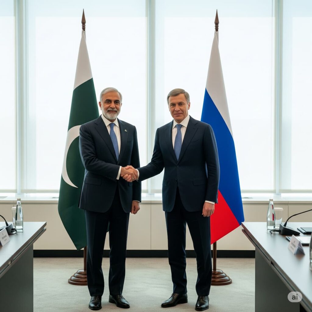 Pakistani and Russian officials shaking hands in front of their national flags, representing strengthened diplomatic and strategic relations in 2025.