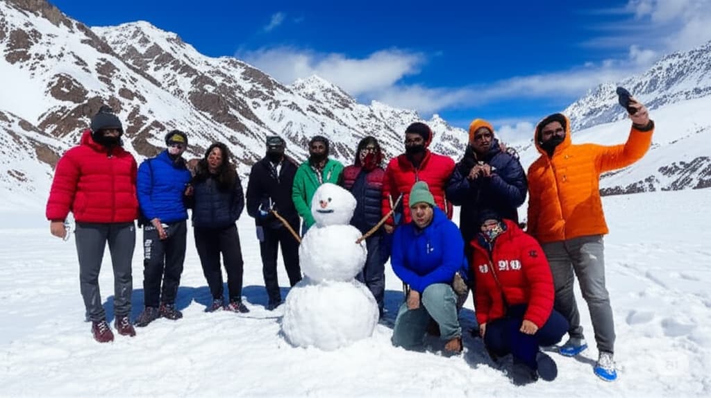 Tourists enjoying rare June snowfall at Babusar Top, playing in the snow with mountains and blue sky in the background.
