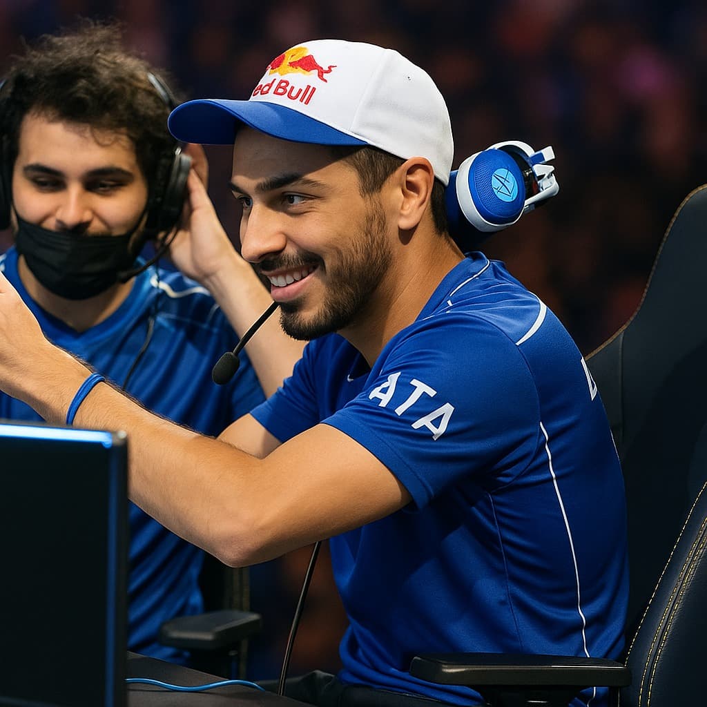 A professional esports player in a team jersey and headset, ready for competition, with the Riyadh skyline and Tekken 8 visuals in the background, representing the Esports World Cup 2025
