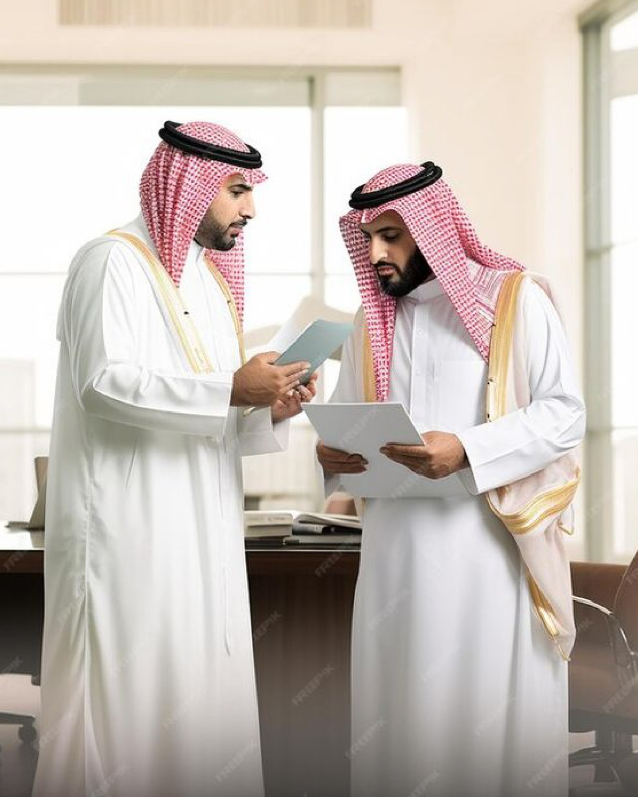 Professionals in a Dubai government office with city skyscrapers in the background, highlighting new job opportunities for expats in 2025 with salaries up to AED 25,000.