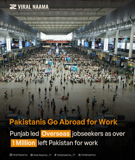 A crowded airport terminal with hundreds of travelers and digital departure boards, symbolizing the mass migration of Pakistanis seeking work abroad in 2025