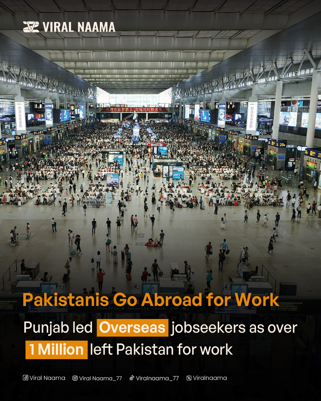 A crowded airport terminal with hundreds of travelers and digital departure boards, symbolizing the mass migration of Pakistanis seeking work abroad in 2025