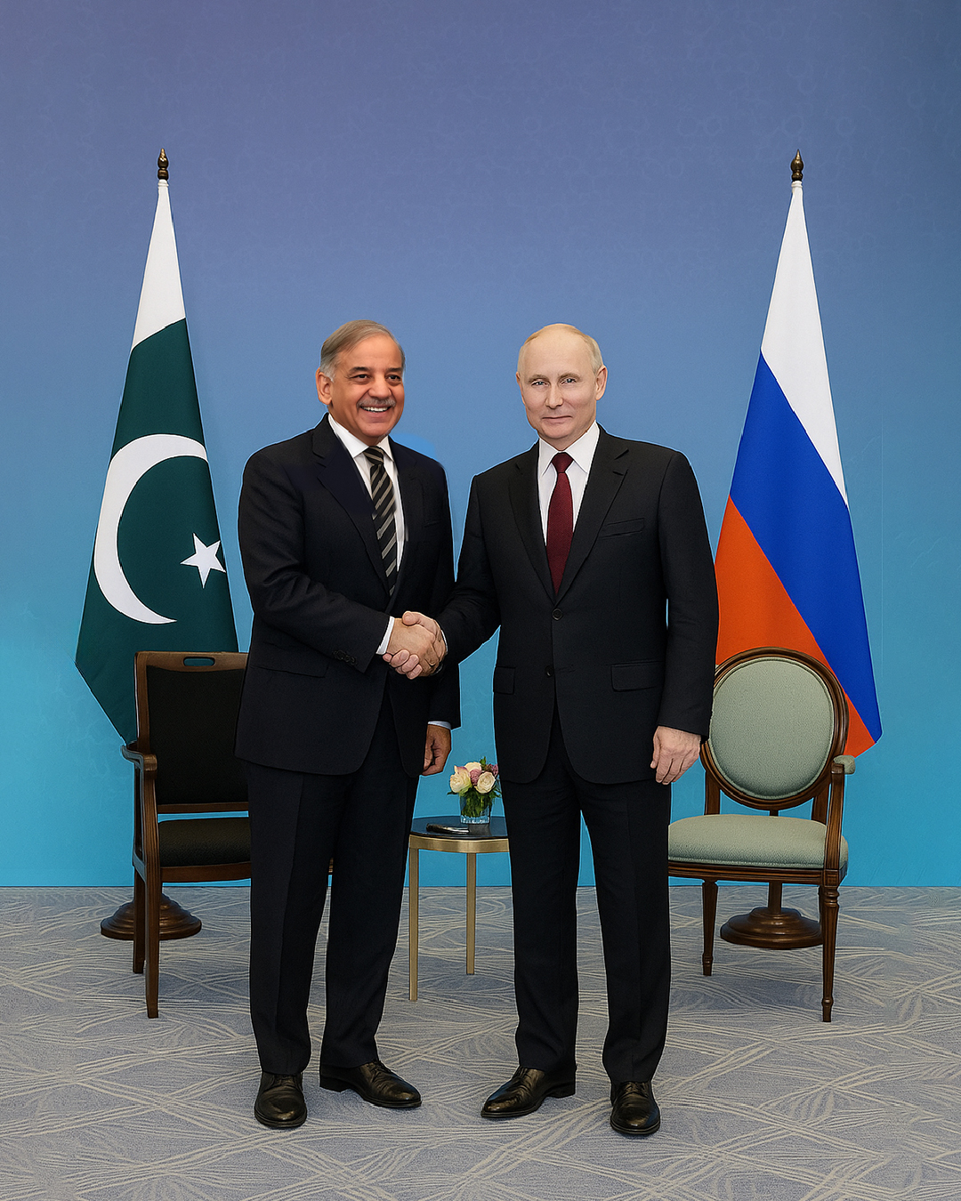 Pakistani and Russian officials shaking hands in front of their national flags, representing strengthened diplomatic and strategic relations in 2025