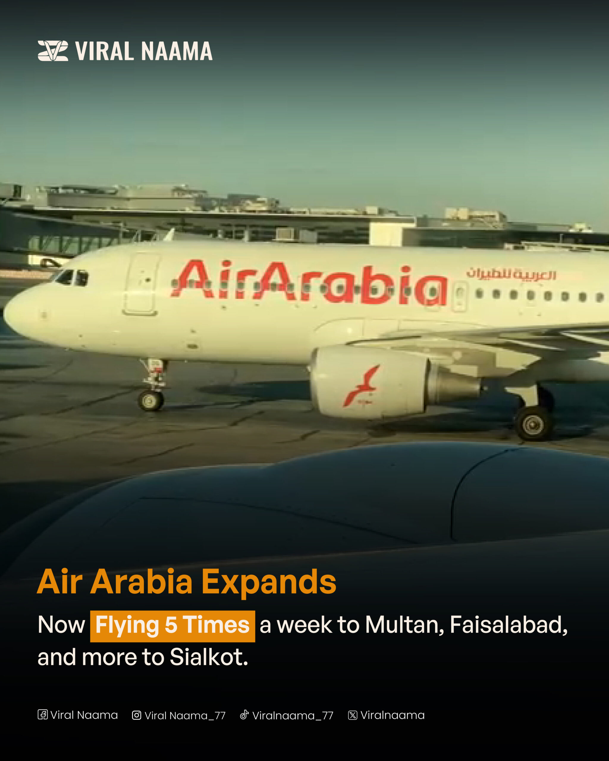 : Air Arabia Airbus A320 at airport, representing expanded flights to Multan, Faisalabad, and Sialkot