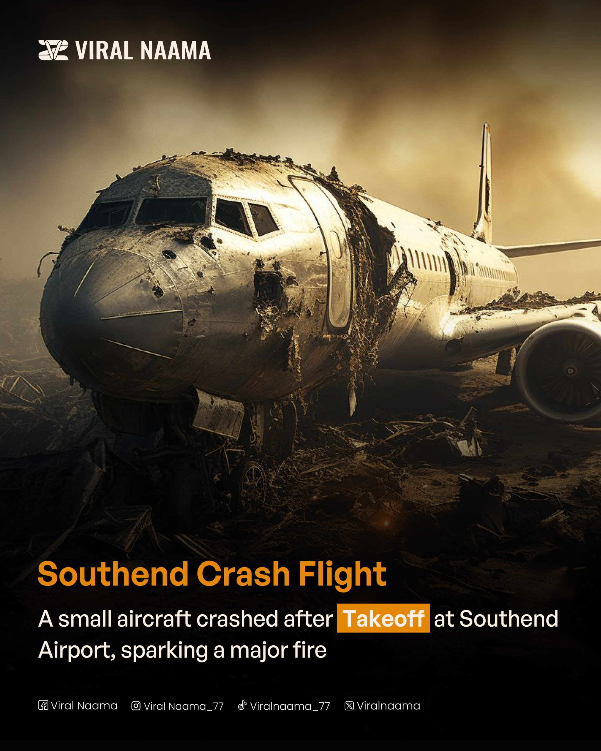 Wreckage of a small aircraft at Southend Airport, with emergency crews and smoke from a major fire.