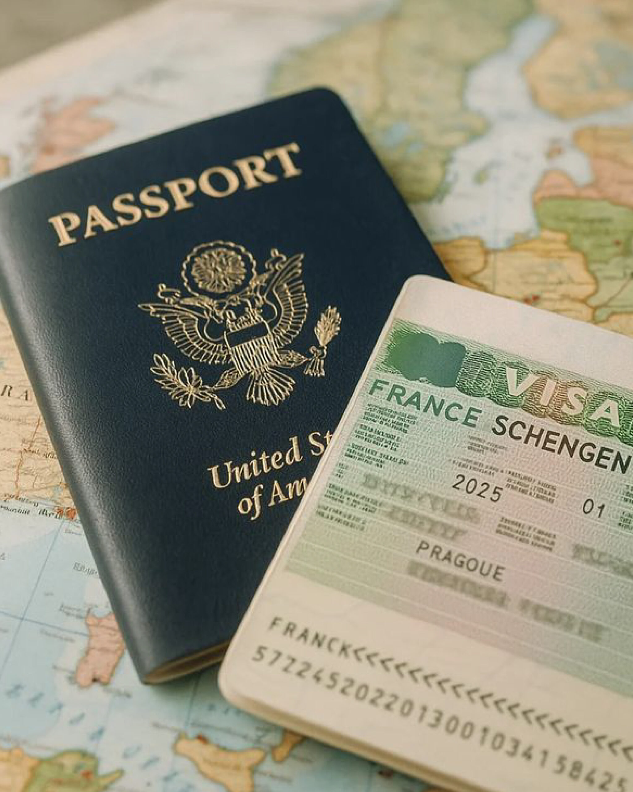 A US passport and a France Schengen visa placed on a map of Europe, symbolizing France’s new 5-year multiple-entry visa for eligible travelers in 2025.