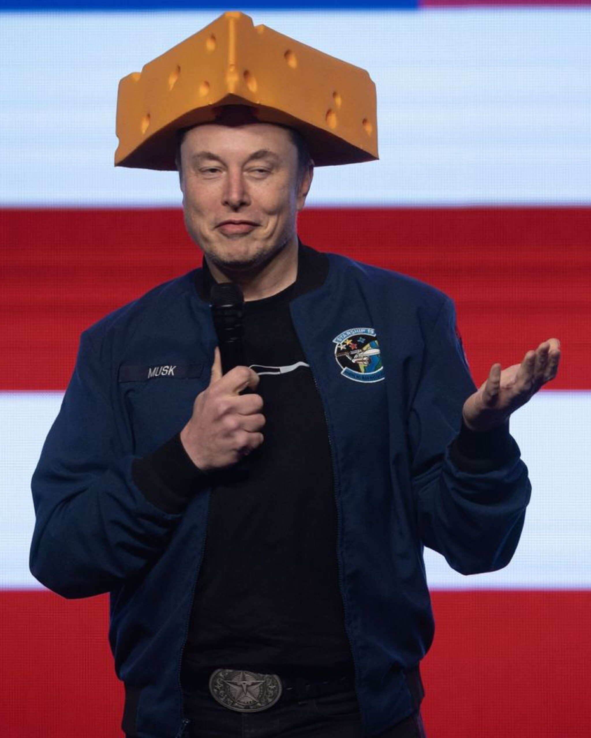 Elon Musk speaking on stage, highlighting concerns about Trump’s budget cuts to science and technology, with an American flag behind him.