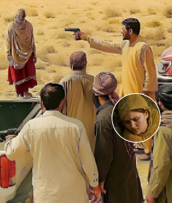 A woman in traditional Balochi attire stands alone in the desert, with imposing shadows of tribal men and a blurred gavel symbolizing the tension between custom and justice.