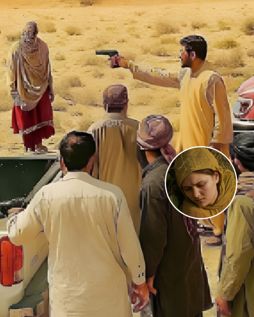 A woman in traditional Balochi attire stands alone in the desert, with imposing shadows of tribal men and a blurred gavel symbolizing the tension between custom and justice.